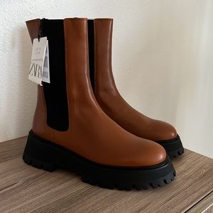 COPY - Zara Brown Leather Lug sole boots.